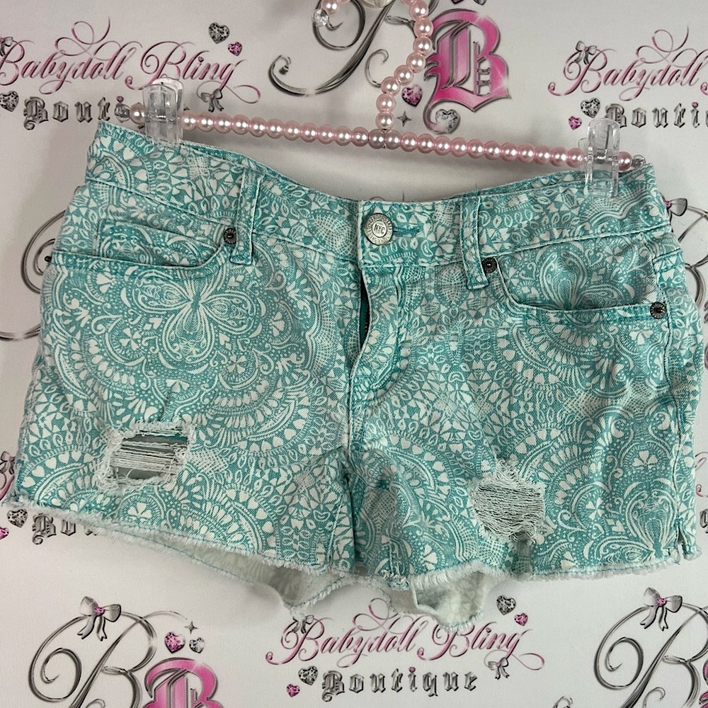 Aeropostale shorts denim mini booty paisley Teal Lace-Patterned Jean Shorts